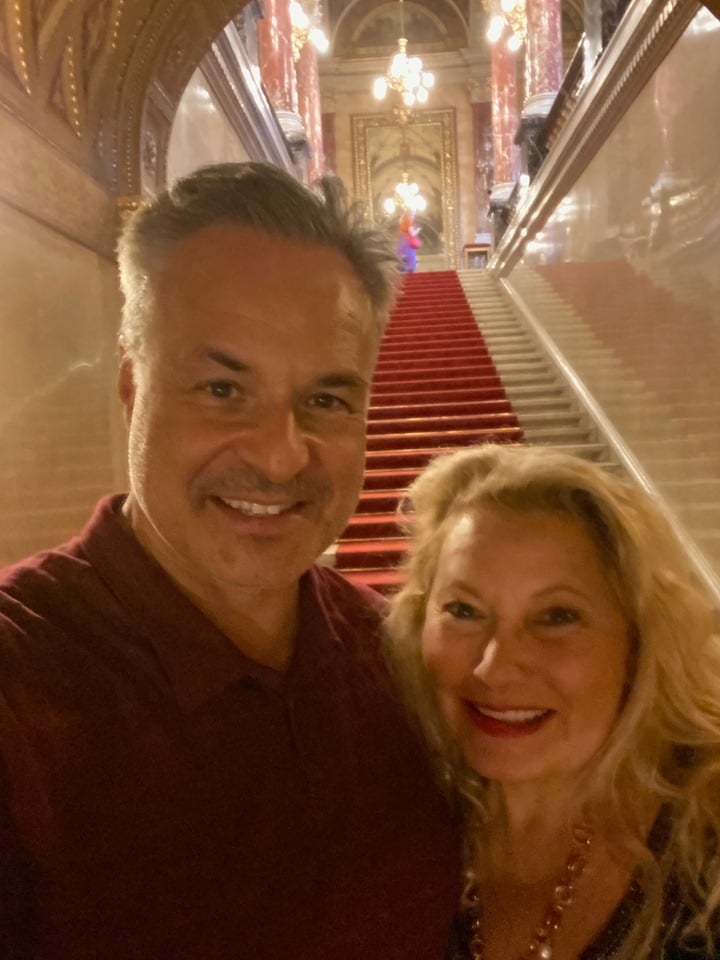 Clint Arthur & Ali Savitch on the Opera House Royal Stairway, Budapest, Hungary